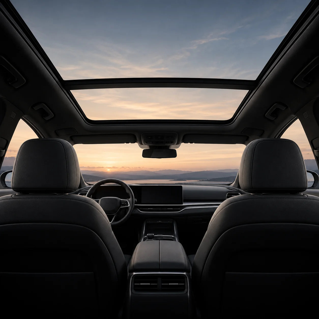 Quiet premium cabin viewed beneath a clear panoramic glass roof