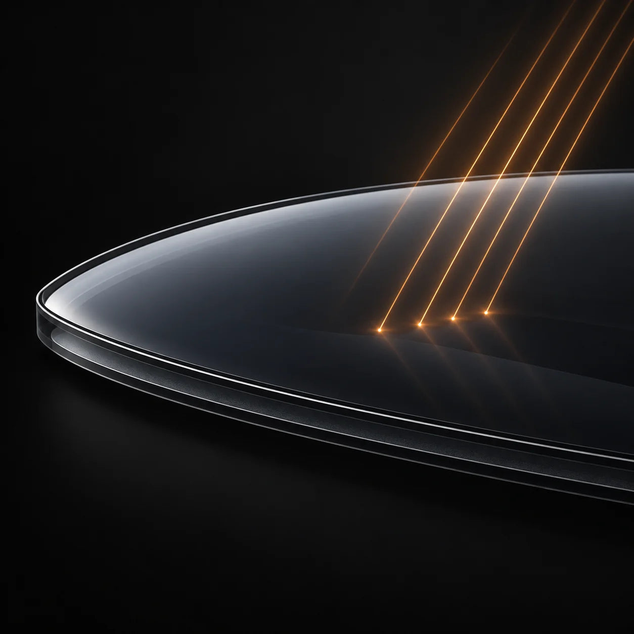 Thin amber sunlight rays meeting dark panoramic roof glass